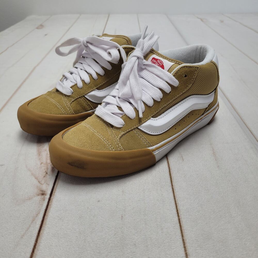 Vans Knu school mid puffy retro sneaker shoes big laces khaki suede white 8